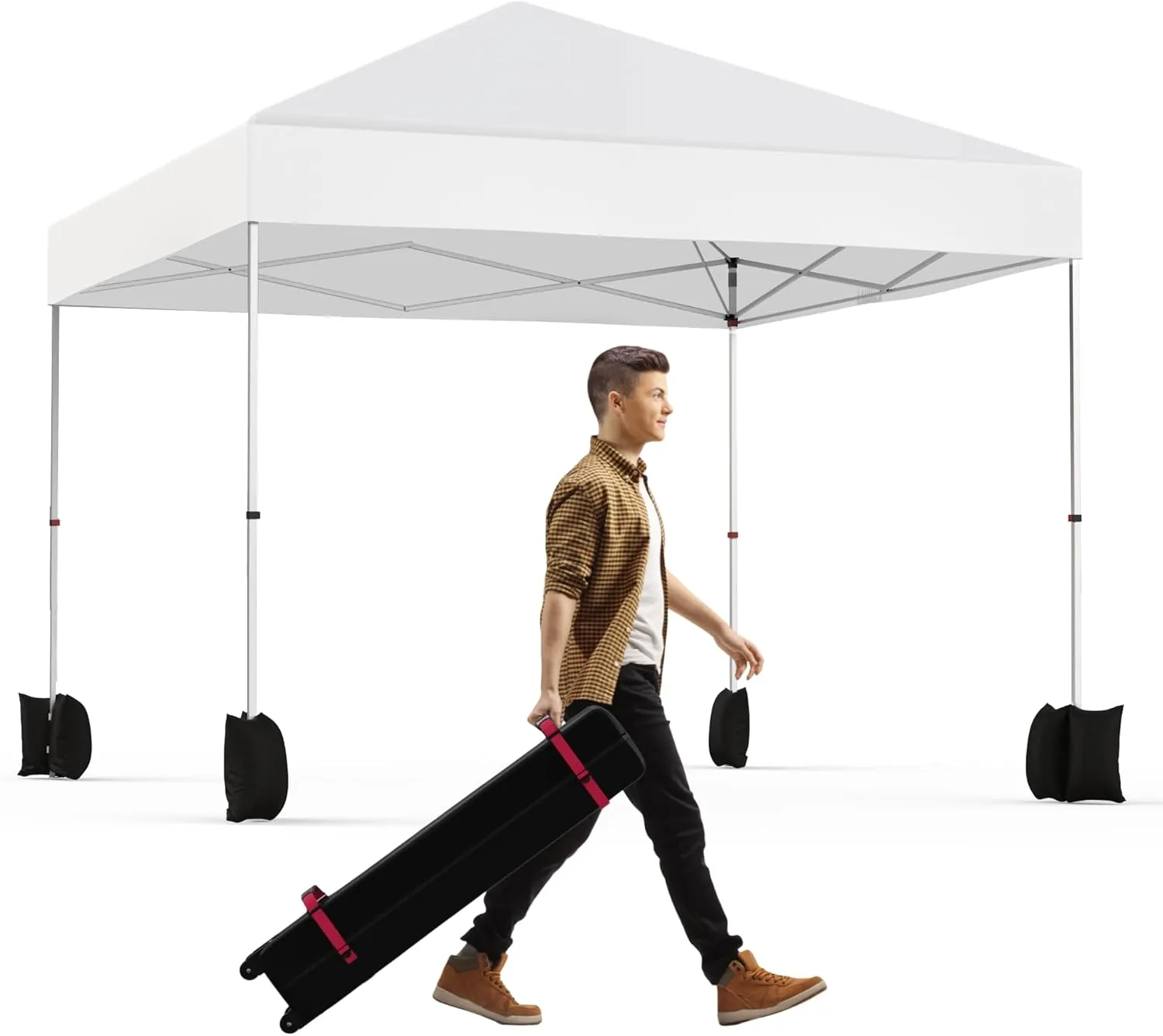 10x10ft Pop Up Canopy Tent, 1-Person Setup Instant Outdoor Canopy Portable Shelter with Wheeled Bag and 4 Sand Bags for Patio, Party, Events, Camping, White