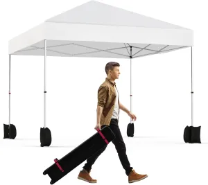 10x10ft Pop Up Canopy Tent, 1-Person Setup Instant Outdoor Canopy Portable Shelter with Wheeled Bag and 4 Sand Bags for Patio, Party, Events, Camping, White