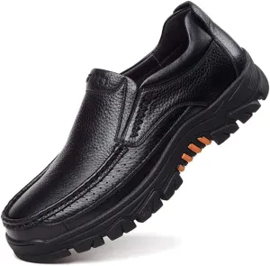 2023 Mens Cow Leather Shoes Fashion Genuine Waterproof Comfy Non Slip Soft Slip On Casual Oxfords (Black,9)