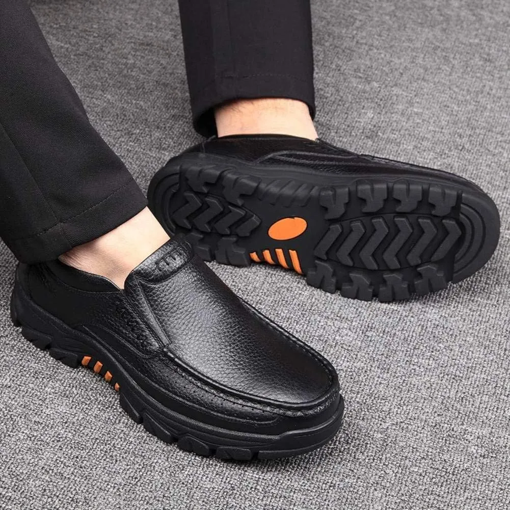 2023 Mens Cow Leather Shoes Fashion Genuine Waterproof Comfy Non Slip Soft Slip On Casual Oxfords (Black,9)