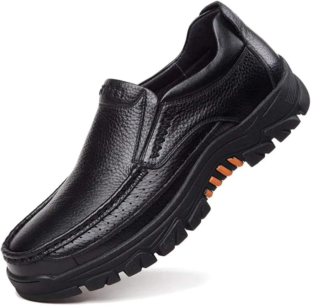 2023 Mens Cow Leather Shoes Fashion Genuine Waterproof Comfy Non Slip Soft Slip On Casual Oxfords (Black,9)