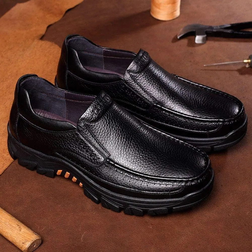 2023 Mens Cow Leather Shoes Fashion Genuine Waterproof Comfy Non Slip Soft Slip On Casual Oxfords (Black,9)