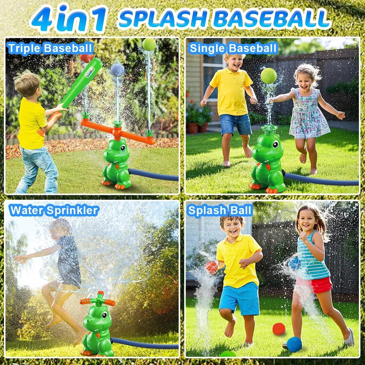 4-in-1 Dinosaur Water Sprinkler Baseball Toys,360° Spinning Water Play Game, Water Baseball, Water Splashing Toy for Kids Outdoor, Summer Backyard Lawn Pool Party Fun for Boys Girls (Green)