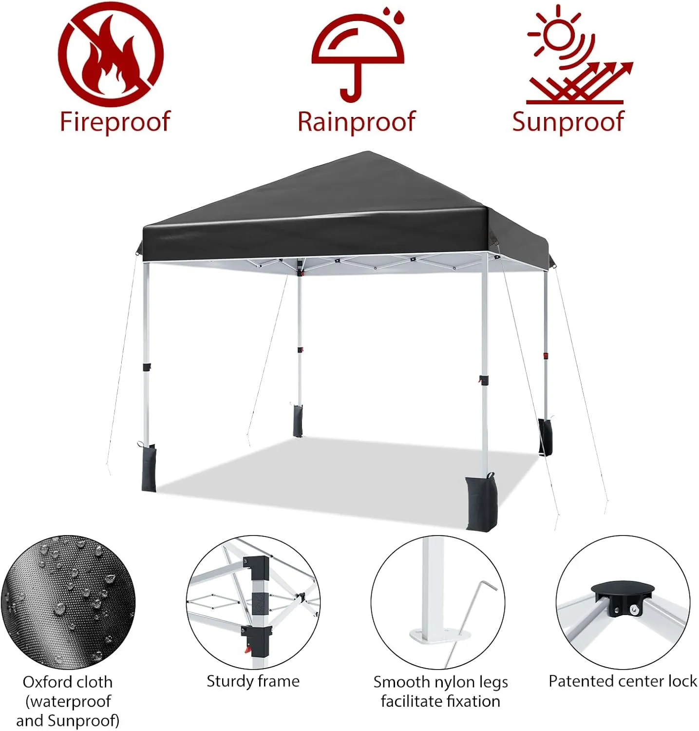 8 * 8FT Instant Pop Up Canopy Tent for One Person Setup,Pop Up Commercial Canopy Tent,Outdoor Easy Up Tent w/1-Button Push,Wheeled Bag,4 Sandbags,Bonus 8 Stakes and 4 Ropes-Black