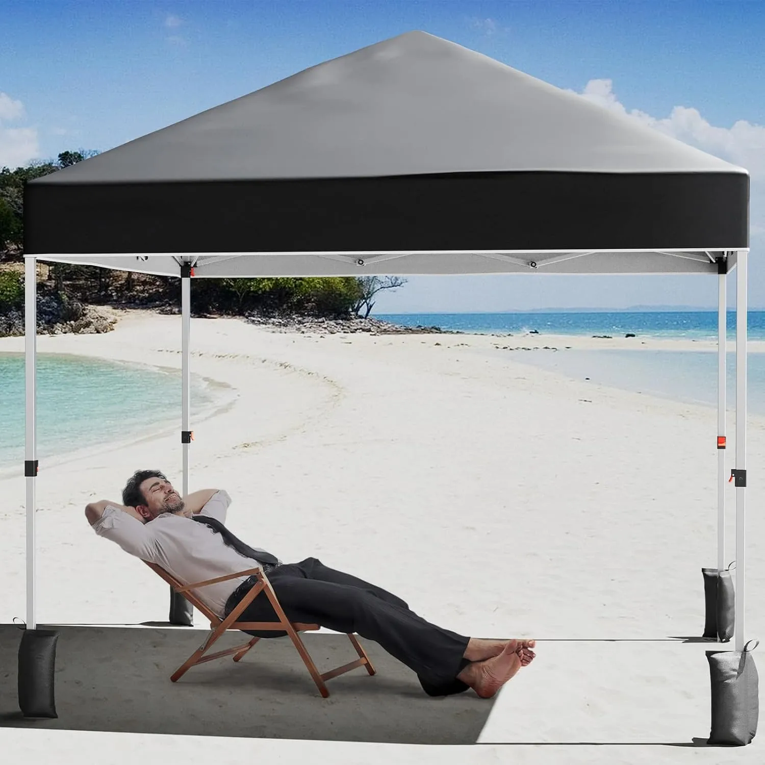 8 * 8FT Instant Pop Up Canopy Tent for One Person Setup,Pop Up Commercial Canopy Tent,Outdoor Easy Up Tent w/1-Button Push,Wheeled Bag,4 Sandbags,Bonus 8 Stakes and 4 Ropes-Black