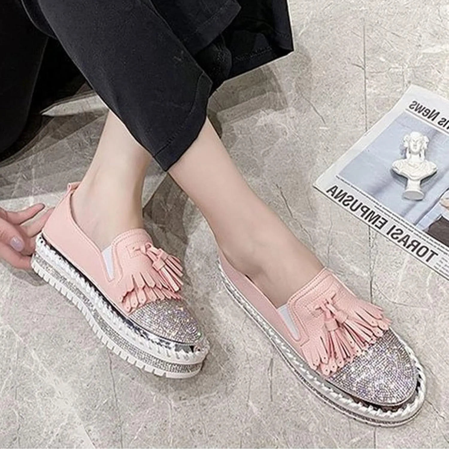 AngryMonkey Women's Platform Rhinestones Glitter Sneakers,Fashion Tassel Colorblock Comfort Hand-Stitching Slip on Casual Loafers