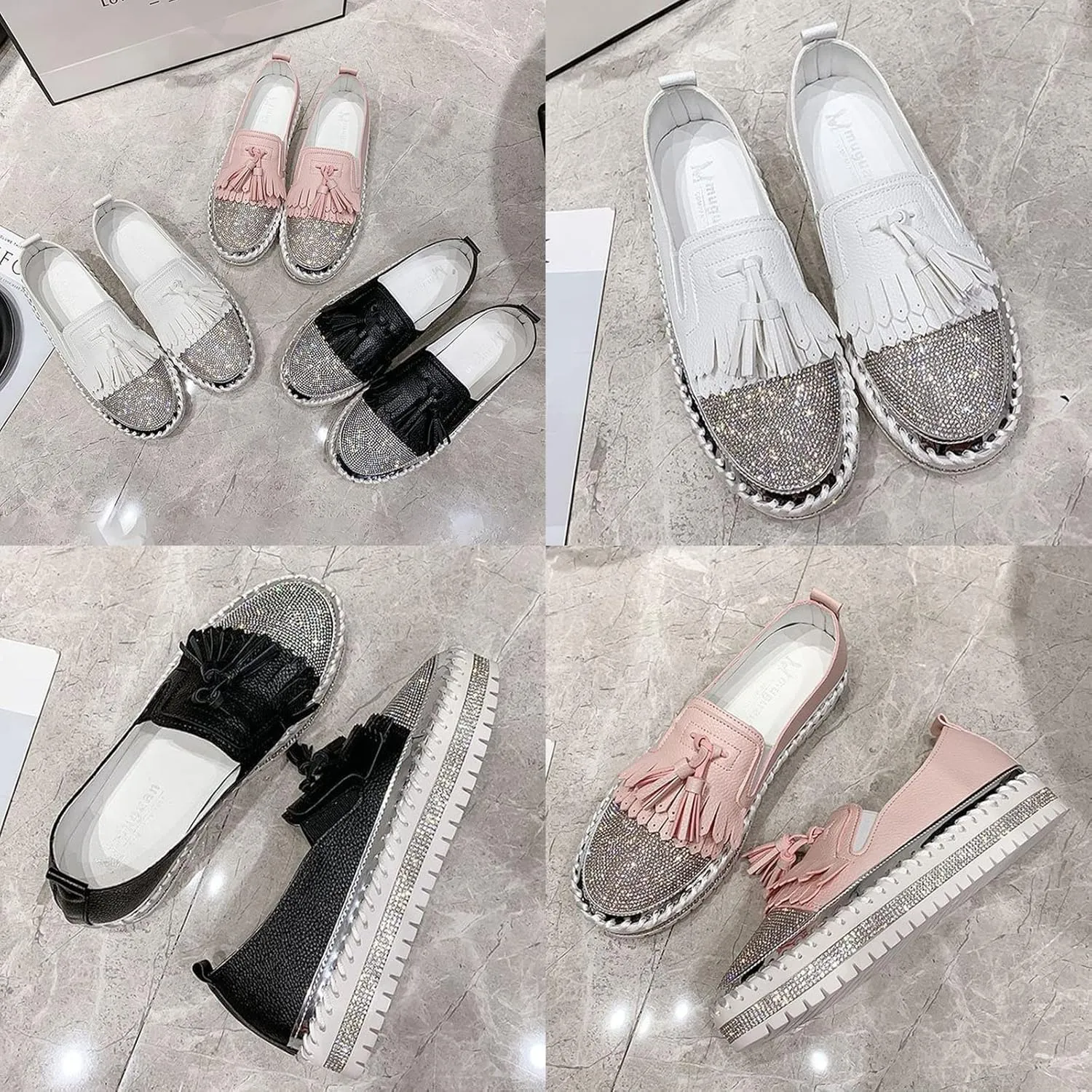 AngryMonkey Women's Platform Rhinestones Glitter Sneakers,Fashion Tassel Colorblock Comfort Hand-Stitching Slip on Casual Loafers