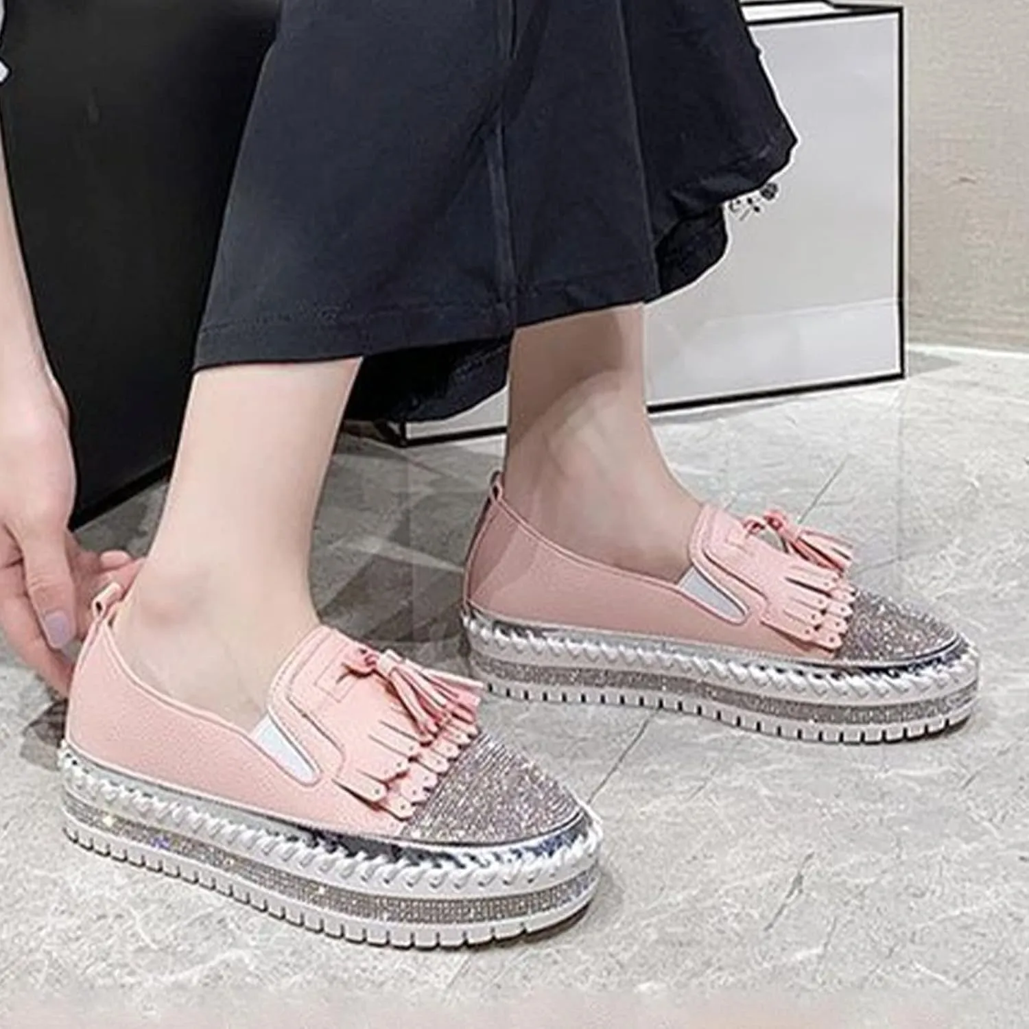 AngryMonkey Women's Platform Rhinestones Glitter Sneakers,Fashion Tassel Colorblock Comfort Hand-Stitching Slip on Casual Loafers