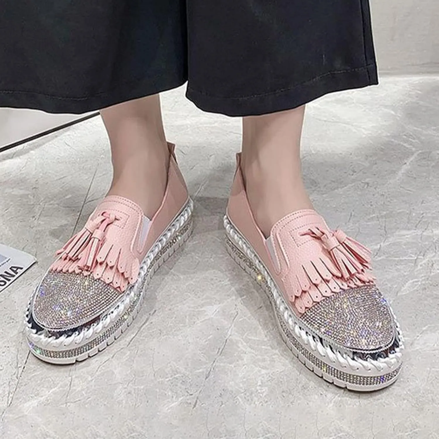AngryMonkey Women's Platform Rhinestones Glitter Sneakers,Fashion Tassel Colorblock Comfort Hand-Stitching Slip on Casual Loafers