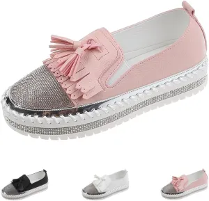 AngryMonkey Women's Platform Rhinestones Glitter Sneakers,Fashion Tassel Colorblock Comfort Hand-Stitching Slip on Casual Loafers