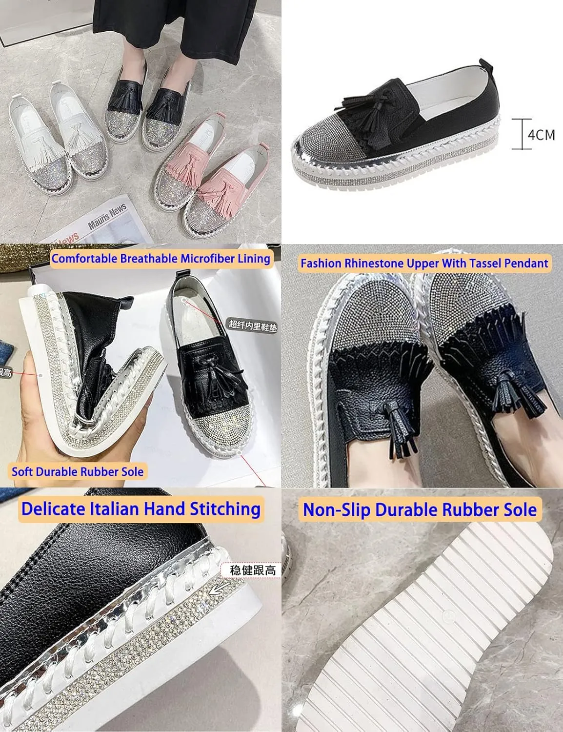 AngryMonkey Women's Platform Rhinestones Glitter Sneakers,Fashion Tassel Colorblock Comfort Hand-Stitching Slip on Casual Loafers