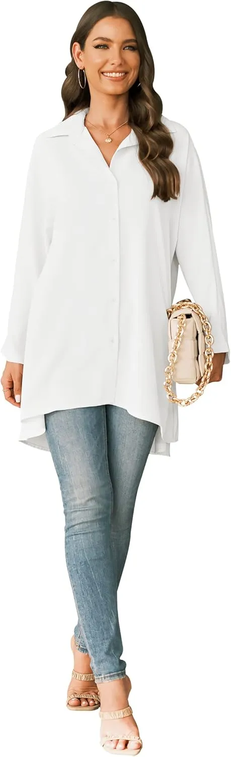 Aoysky Womens Oversized T Shirts Button Down Long Sleeve Shirt V Neck Collar Loose Flowy Blouse