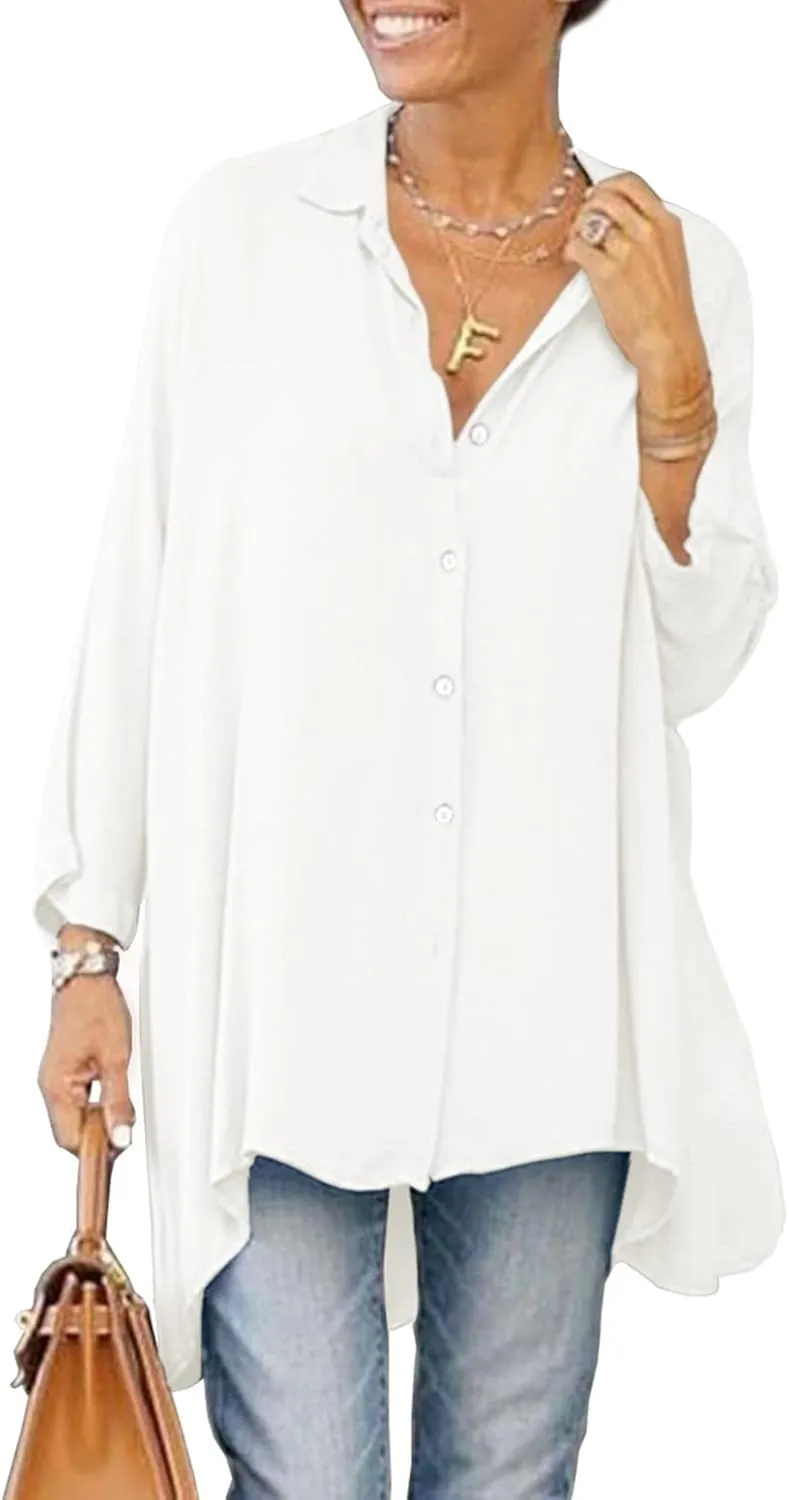 Aoysky Womens Oversized T Shirts Button Down Long Sleeve Shirt V Neck Collar Loose Flowy Blouse