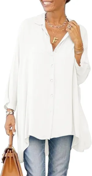 Aoysky Womens Oversized T Shirts Button Down Long Sleeve Shirt V Neck Collar Loose Flowy Blouse