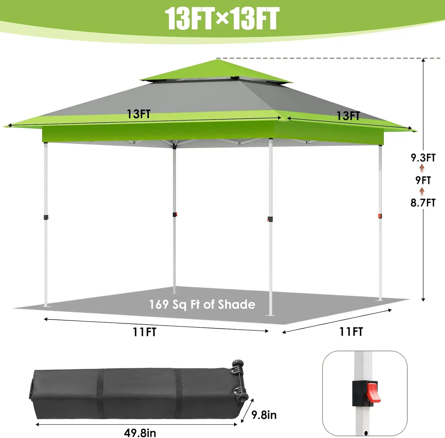 Arlopu Pop Up Canopy Tent with 1-Person Set up, Camping Instant Durable Shelter, Outdoor Gazebo Beach Shade with Wheeled Bag, 4 Sand Bags for Weight (Green, 13FTX13FT)