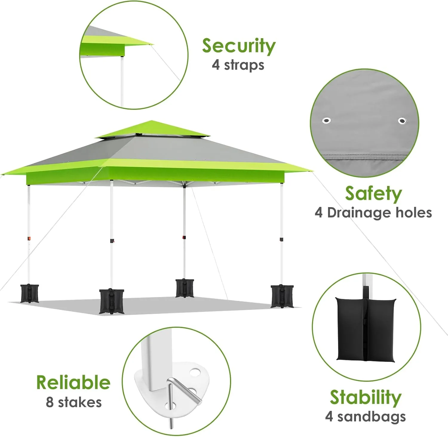 Arlopu Pop Up Canopy Tent with 1-Person Set up, Camping Instant Durable Shelter, Outdoor Gazebo Beach Shade with Wheeled Bag, 4 Sand Bags for Weight (Green, 13FTX13FT)