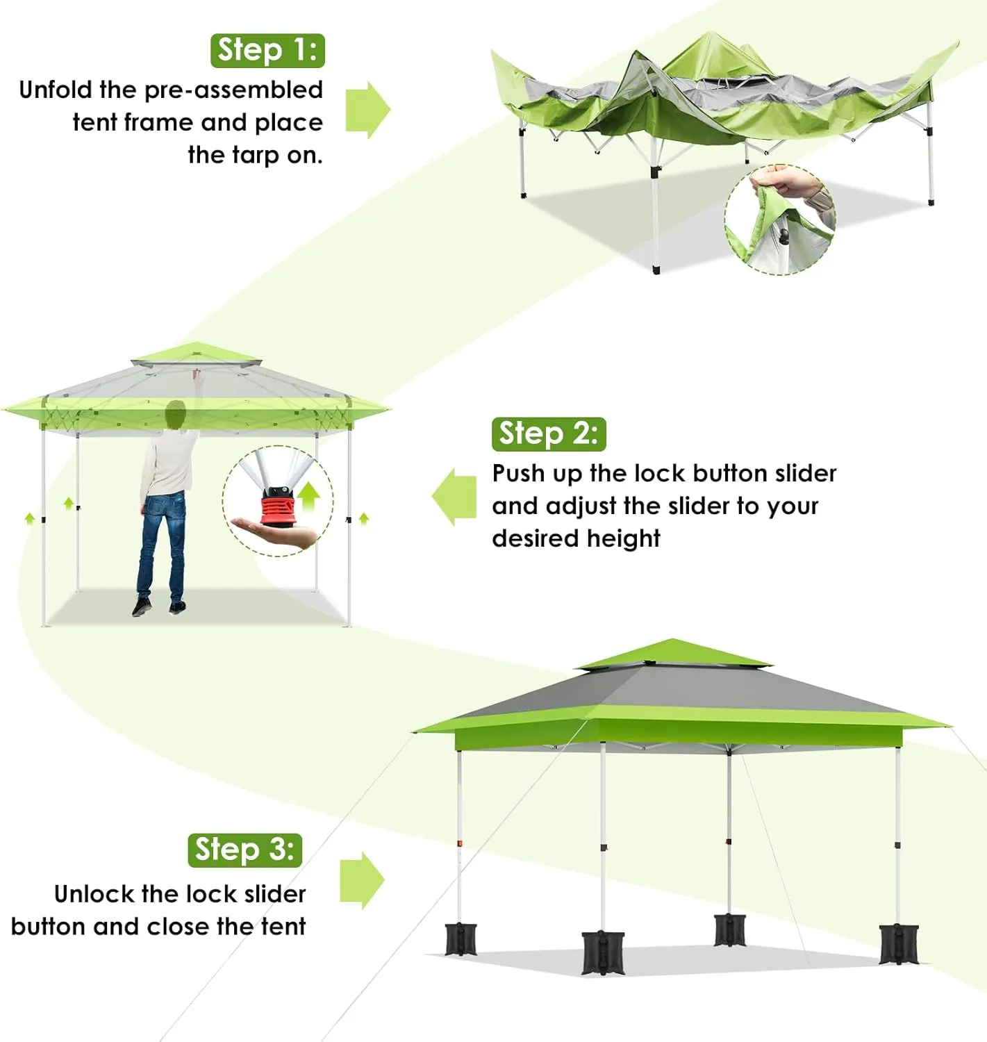Arlopu Pop Up Canopy Tent with 1-Person Set up, Camping Instant Durable Shelter, Outdoor Gazebo Beach Shade with Wheeled Bag, 4 Sand Bags for Weight (Green, 13FTX13FT)