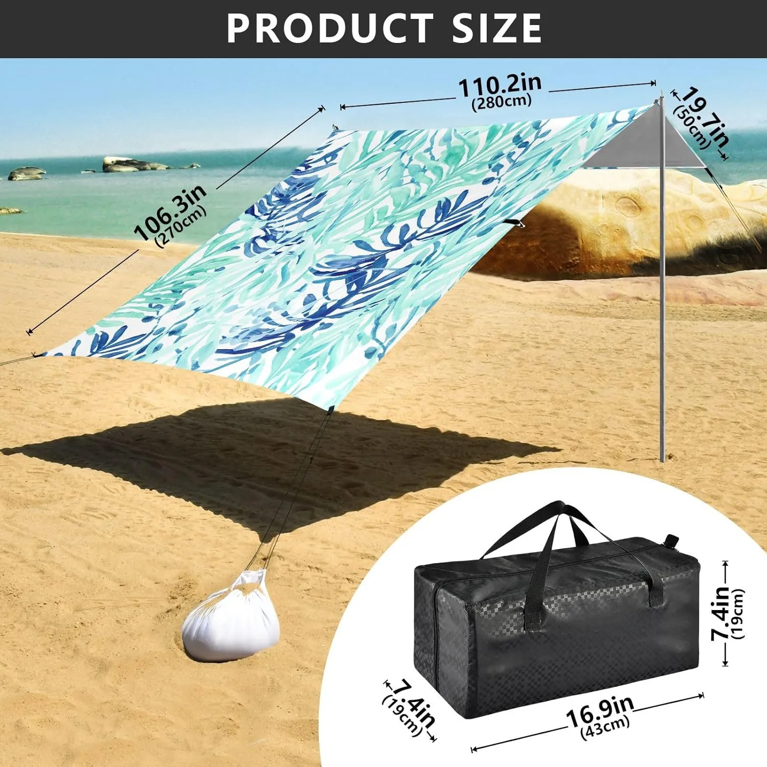 Beach Tent Canopy Outdoor Patio Sun Shade Floral Travel Camping Sun Shelter with Anchor Poles Easy up Sunshade 9.2 × 10.5 FT Watercolor Blue Turquoise Leaves