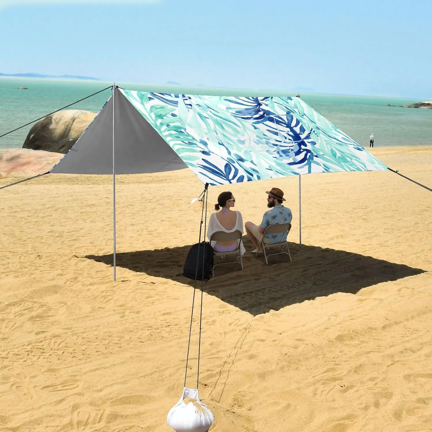 Beach Tent Canopy Outdoor Patio Sun Shade Floral Travel Camping Sun Shelter with Anchor Poles Easy up Sunshade 9.2 × 10.5 FT Watercolor Blue Turquoise Leaves