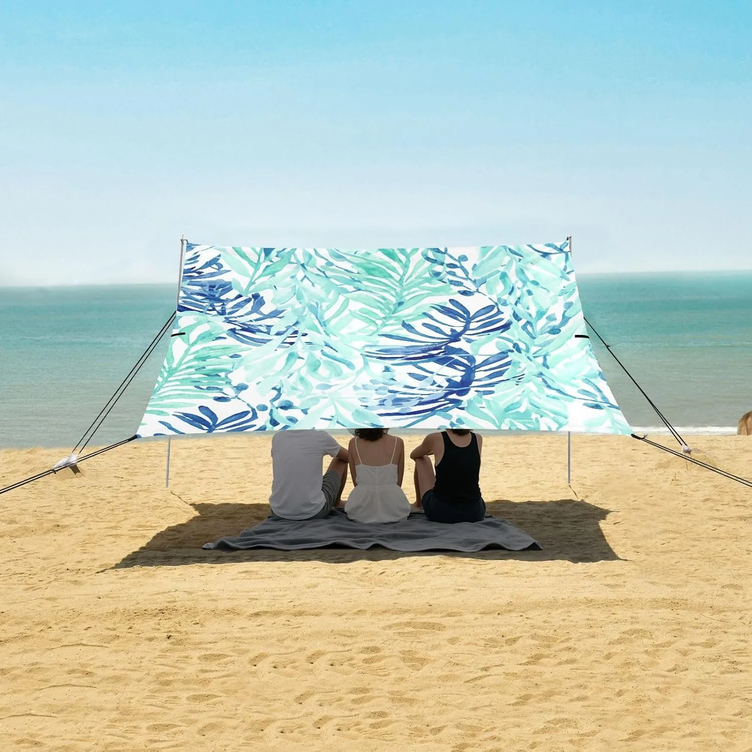 Beach Tent Canopy Outdoor Patio Sun Shade Floral Travel Camping Sun Shelter with Anchor Poles Easy up Sunshade 9.2 × 10.5 FT Watercolor Blue Turquoise Leaves