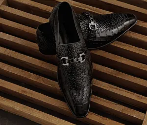 Black Alligator Texture Leather Moccasin Shoes