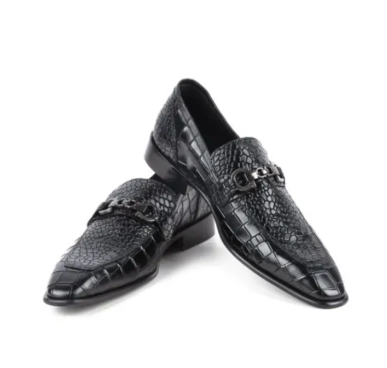 Black Alligator Texture Leather Moccasin Shoes