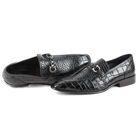 Black Alligator Texture Leather Moccasin Shoes