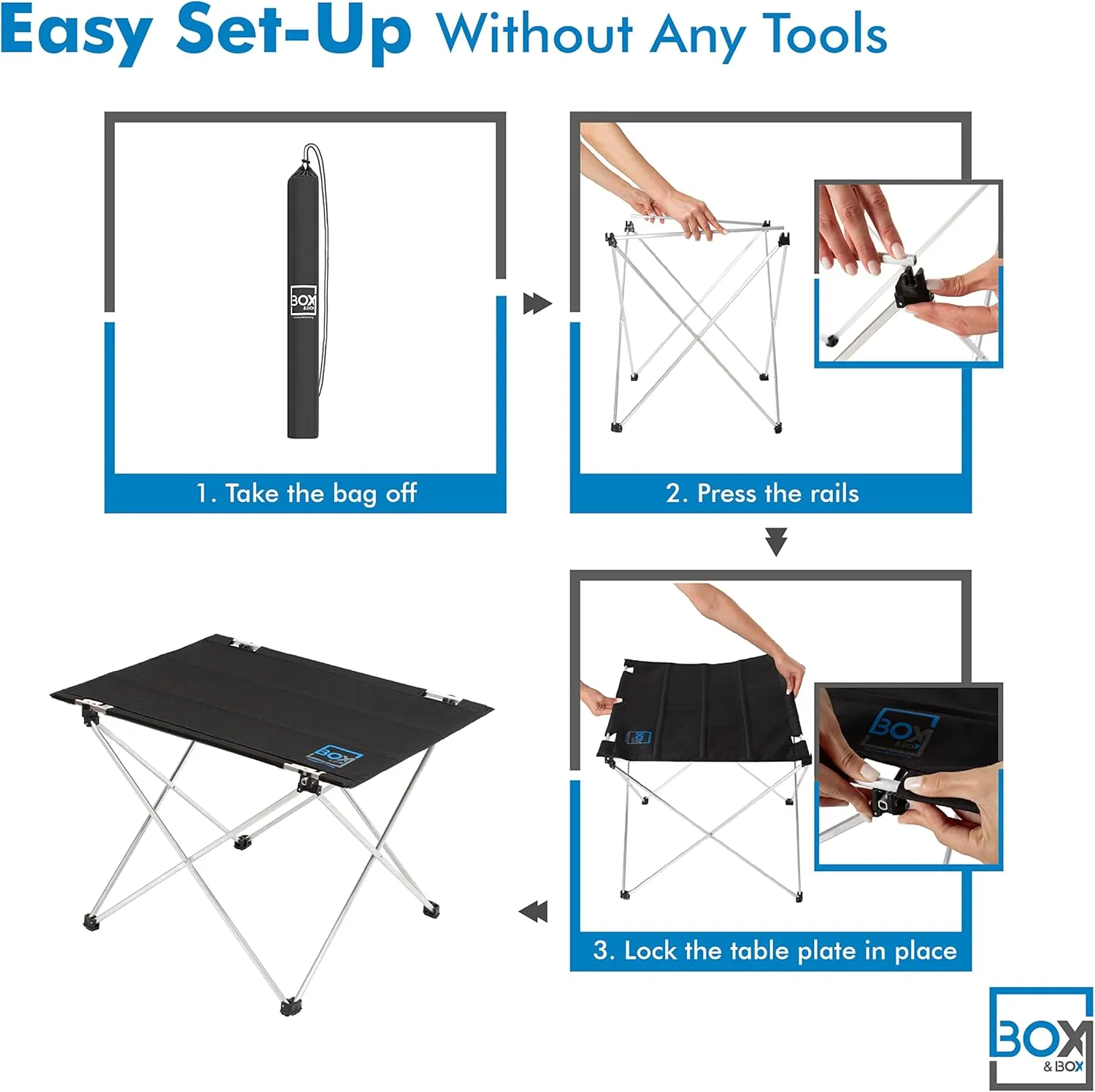 BOX & BOX Fabric Folding Table Portable with Travel Bag, Folding Camping Table, Outdoor Table, Foldable Table for Camp, Beach, Picnic, Camping Gear, Kitchen Table for 4 People, 29x21.6x19 in, Black