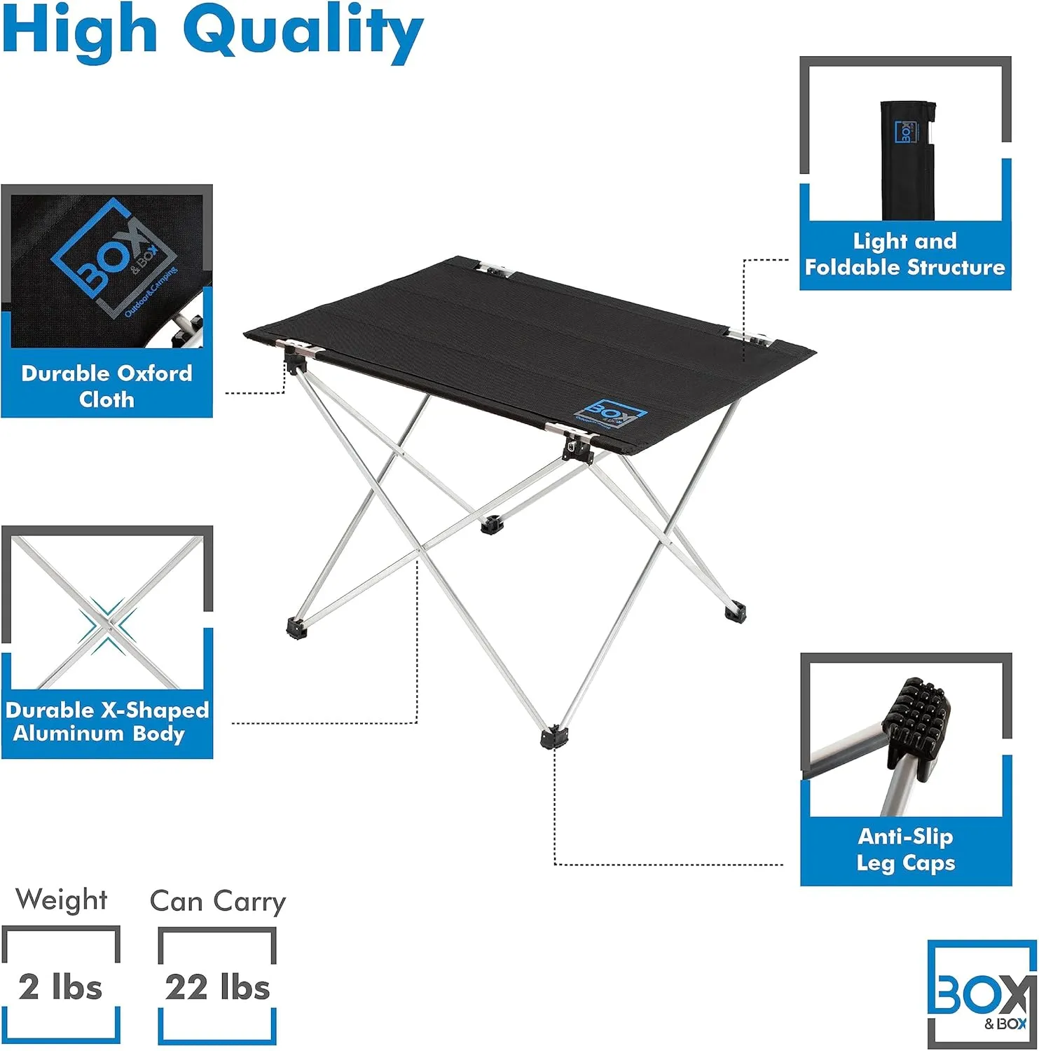 BOX & BOX Fabric Folding Table Portable with Travel Bag, Folding Camping Table, Outdoor Table, Foldable Table for Camp, Beach, Picnic, Camping Gear, Kitchen Table for 4 People, 29x21.6x19 in, Black