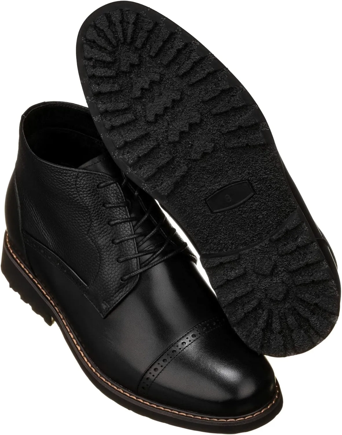 CALTO Men's Invisible Height Increasing Elevator Shoes - Black Leather Lace-up Cap-Toe Boots with Inner Faux Fur - 3.2 Inches Taller - Y41083 - Size 9 D(M) US