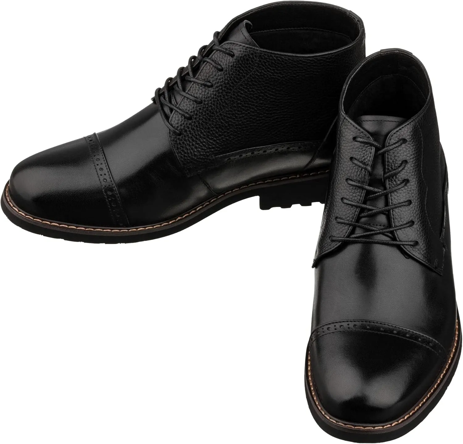 CALTO Men's Invisible Height Increasing Elevator Shoes - Black Leather Lace-up Cap-Toe Boots with Inner Faux Fur - 3.2 Inches Taller - Y41083 - Size 9 D(M) US