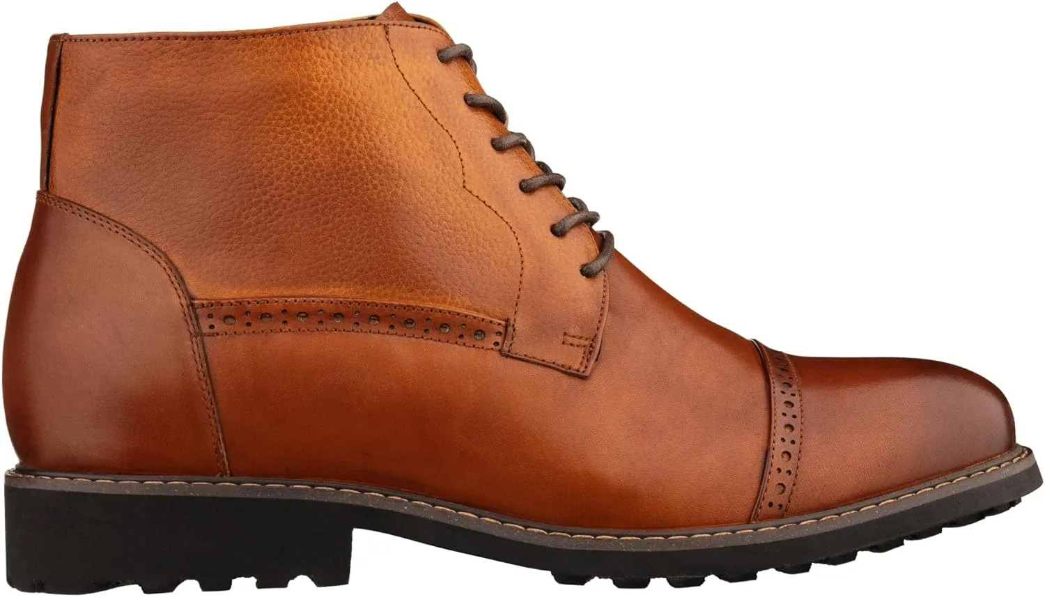 CALTO Men's Invisible Height Increasing Elevator Shoes - Brown Leather Lace-up Cap-toe Boots with Inner Faux Fur - 3.2 Inches Taller - Y41085 - Size 12 D(M) US