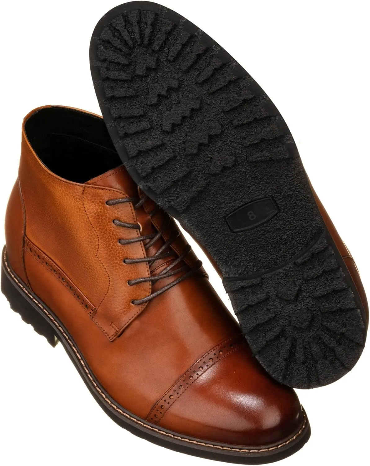 CALTO Men's Invisible Height Increasing Elevator Shoes - Brown Leather Lace-up Cap-toe Boots with Inner Faux Fur - 3.2 Inches Taller - Y41085 - Size 12 D(M) US