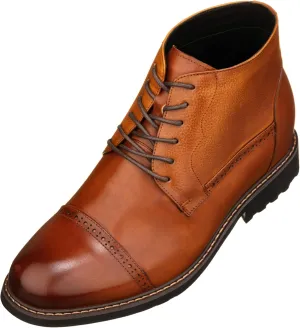 CALTO Men's Invisible Height Increasing Elevator Shoes - Brown Leather Lace-up Cap-toe Boots with Inner Faux Fur - 3.2 Inches Taller - Y41085 - Size 12 D(M) US