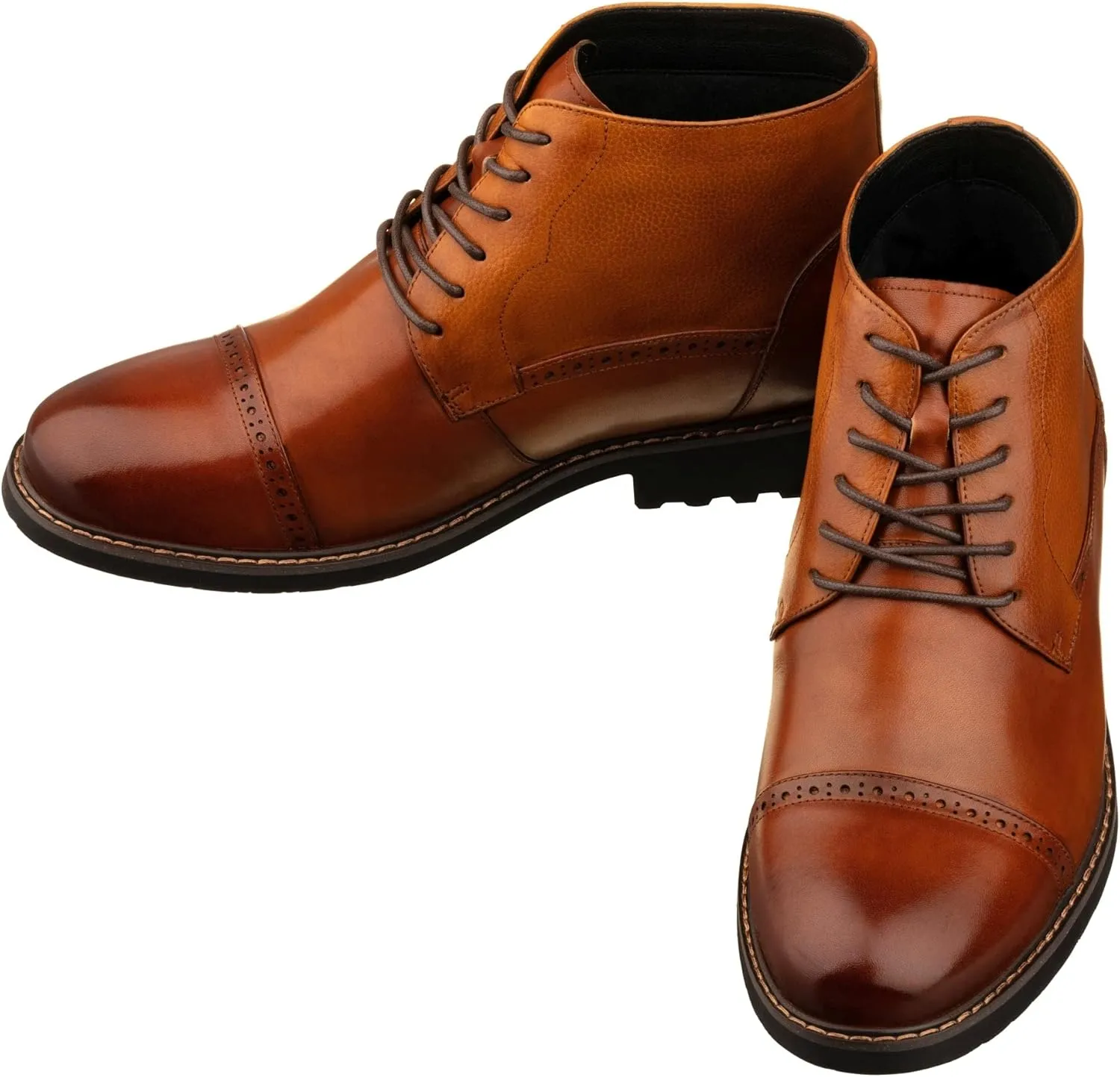 CALTO Men's Invisible Height Increasing Elevator Shoes - Brown Leather Lace-up Cap-toe Boots with Inner Faux Fur - 3.2 Inches Taller - Y41085 - Size 12 D(M) US