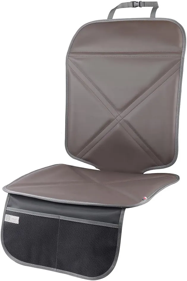 Car Seat Protector Leather Waterproof Child Safety Seat Protector Cover with Thick Pad and 2 Large Pockets Durable Kick Mat for All Auto Seat (Brown)