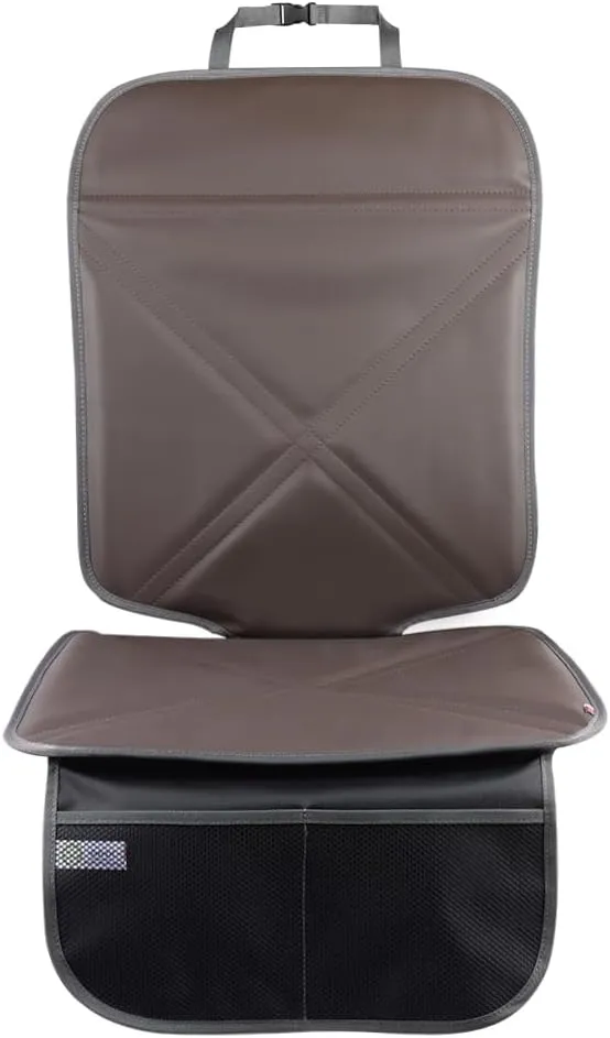 Car Seat Protector Leather Waterproof Child Safety Seat Protector Cover with Thick Pad and 2 Large Pockets Durable Kick Mat for All Auto Seat (Brown)