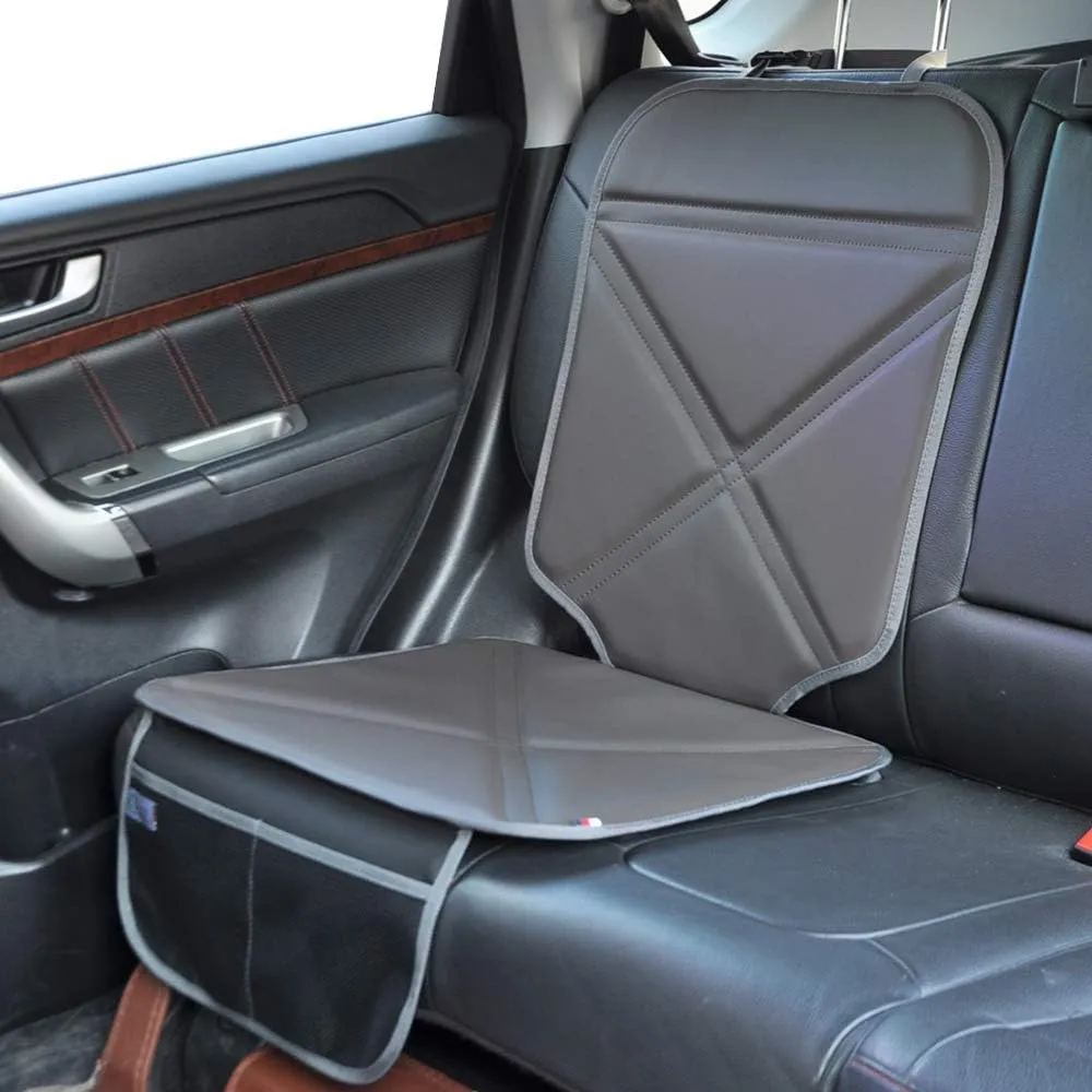 Car Seat Protector Leather Waterproof Child Safety Seat Protector Cover with Thick Pad and 2 Large Pockets Durable Kick Mat for All Auto Seat (Brown)