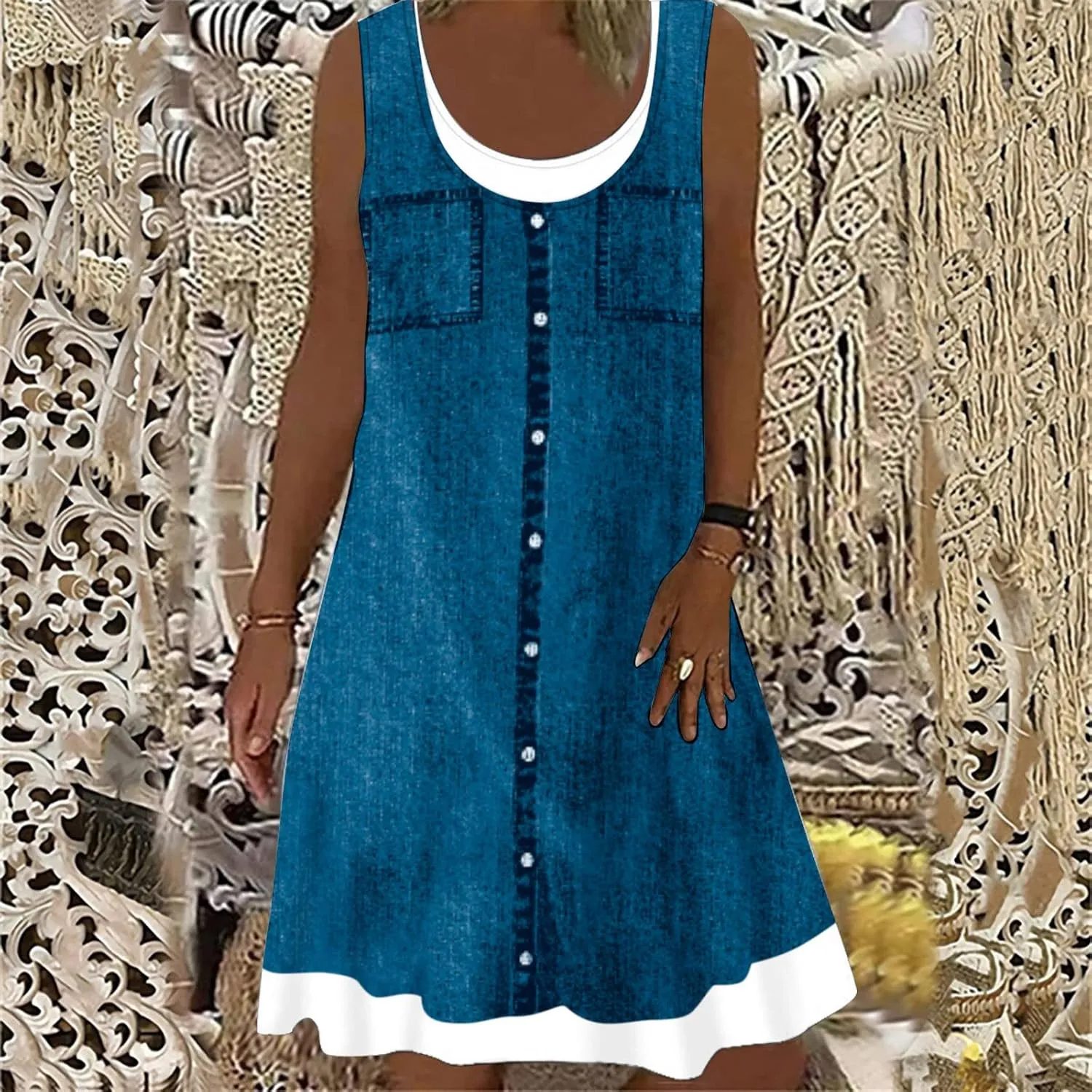 Ceboyel Women Denim Print Short Dress Sleeveless Tank Dresses Summer Causal Swing Tshirt Dress Trendy Beach Vacation Outfits