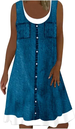 Ceboyel Women Denim Print Short Dress Sleeveless Tank Dresses Summer Causal Swing Tshirt Dress Trendy Beach Vacation Outfits