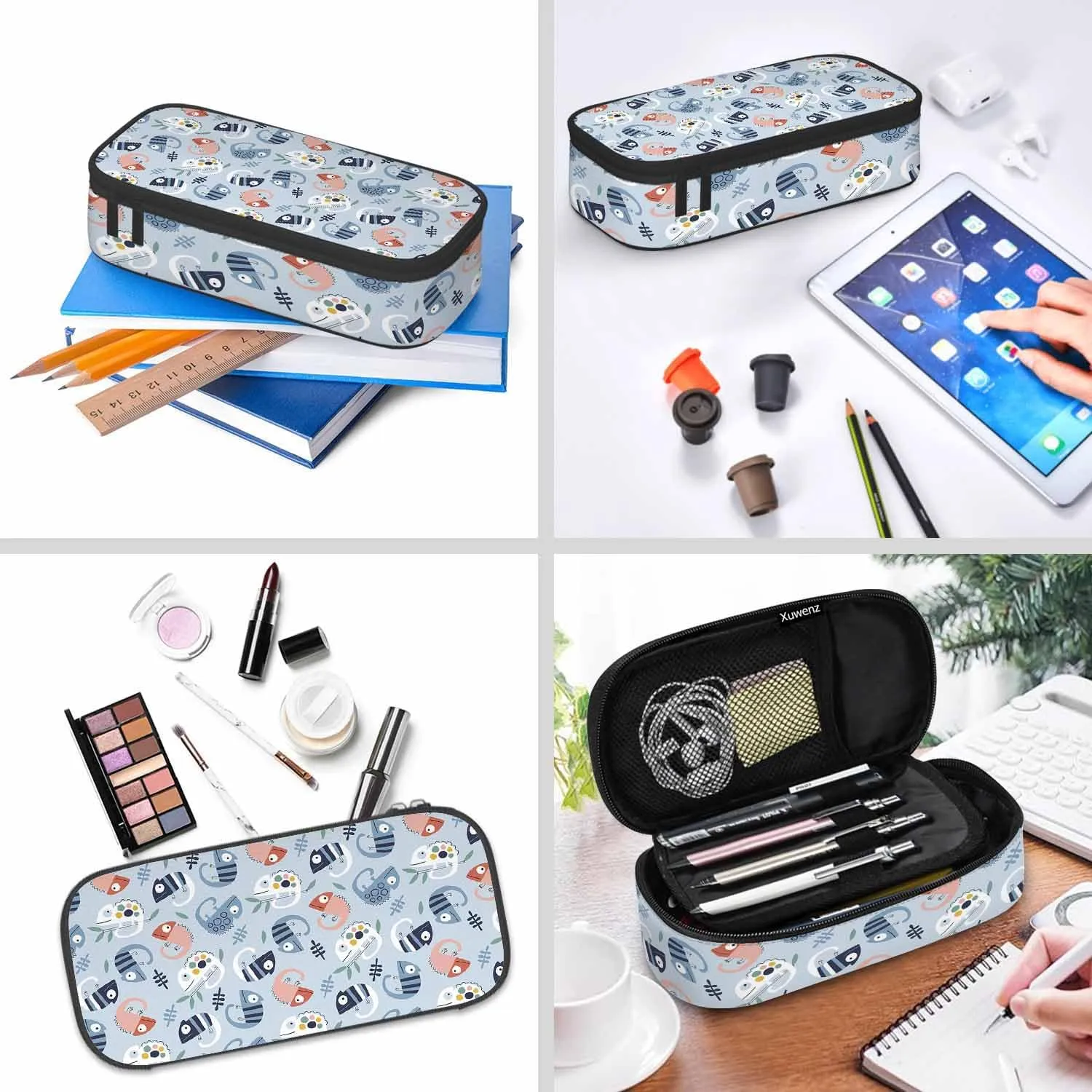 Chameleons Pencil Case Cute Cartoon Animal Leaves Blue White Pencil Bag Pouch Box Organizer for College Student Teen Adults