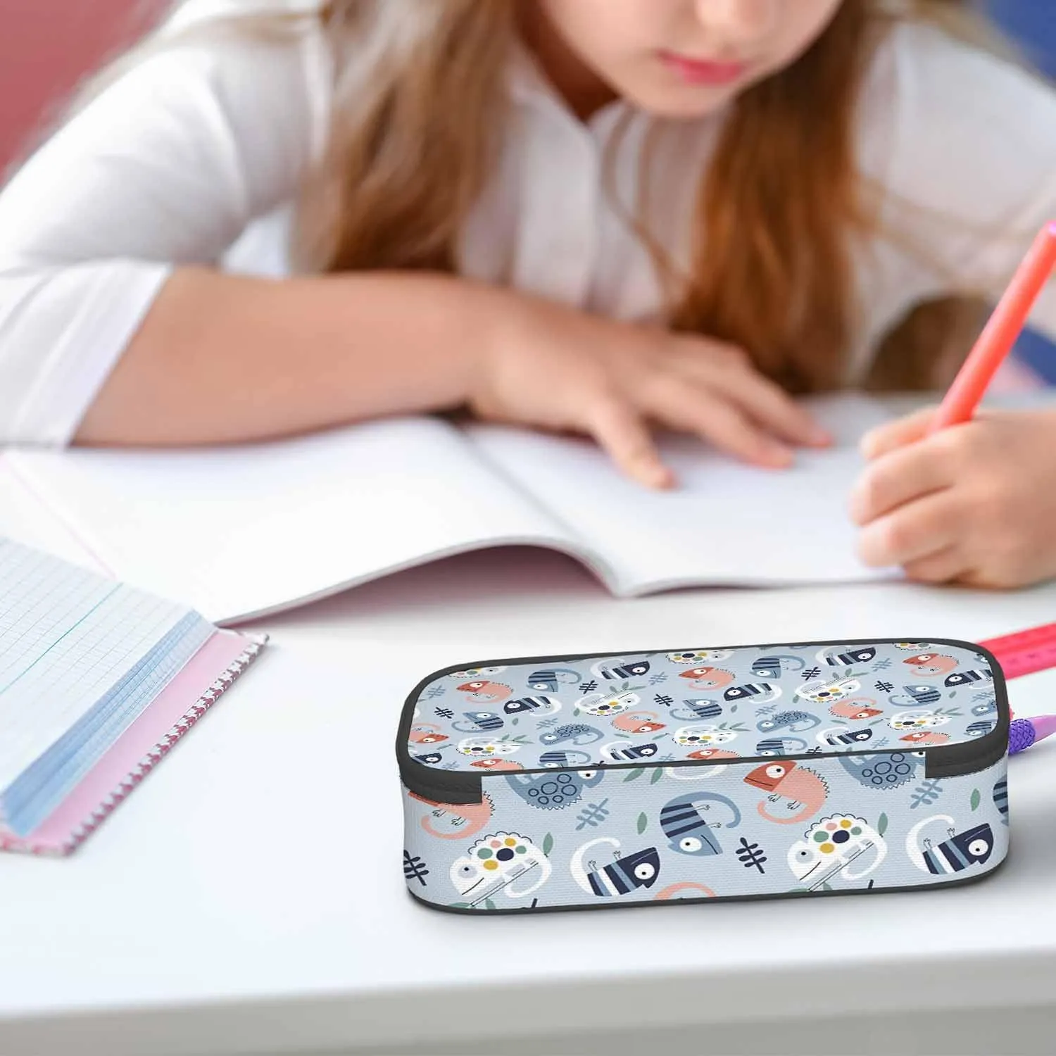 Chameleons Pencil Case Cute Cartoon Animal Leaves Blue White Pencil Bag Pouch Box Organizer for College Student Teen Adults