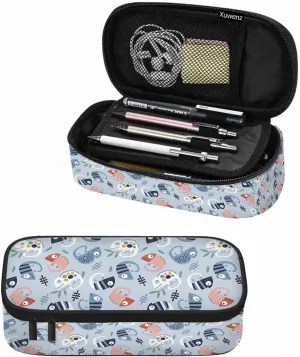 Chameleons Pencil Case Cute Cartoon Animal Leaves Blue White Pencil Bag Pouch Box Organizer for College Student Teen Adults