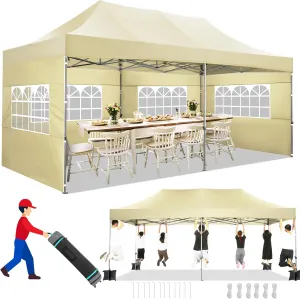 COBIZI 10x20 Pop up Canopy Tent Heavy Duty with 6 Sidewalls, Easy Set-up Commercial Outdoor Party Tent, 100% Waterproof Wedding Tent Gazebo, 3 Height Adjustable with Wheeled Bag,Khaki
