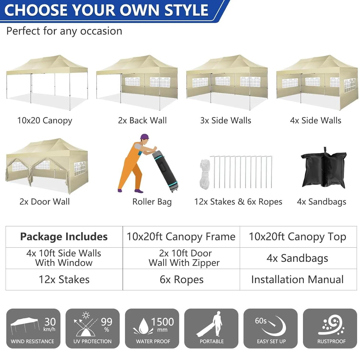 COBIZI 10x20 Pop up Canopy Tent Heavy Duty with 6 Sidewalls, Easy Set-up Commercial Outdoor Party Tent, 100% Waterproof Wedding Tent Gazebo, 3 Height Adjustable with Wheeled Bag,Khaki