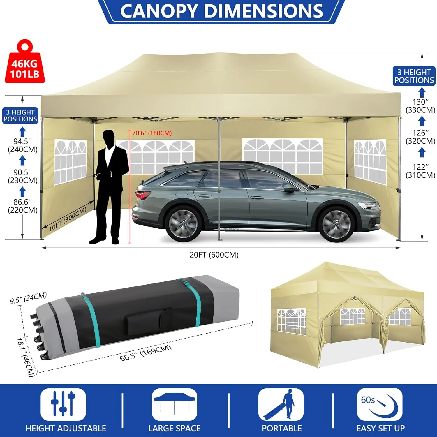 COBIZI 10x20 Pop up Canopy Tent Heavy Duty with 6 Sidewalls, Easy Set-up Commercial Outdoor Party Tent, 100% Waterproof Wedding Tent Gazebo, 3 Height Adjustable with Wheeled Bag,Khaki
