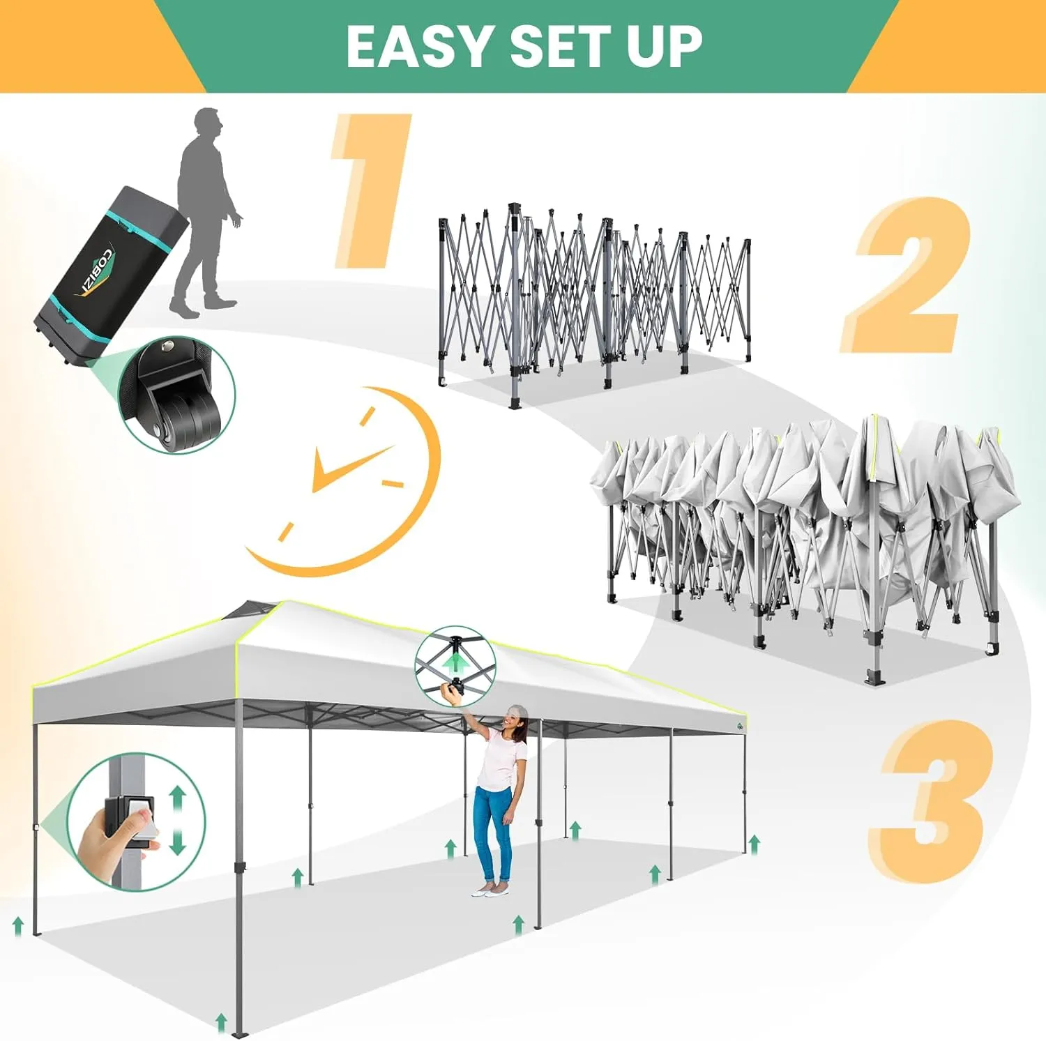 COBIZI 10x30 Pop Up Canopy Tent, Wedding Party Tent Without Sidewall One Push Setup Glow, 3 Adjustable Height Air Vent Waterproof UPF50 , Wheeled Bag, Sandbag, Stake, Rope for Commercial, Outdoor