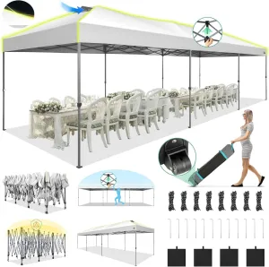 COBIZI 10x30 Pop Up Canopy Tent, Wedding Party Tent Without Sidewall One Push Setup Glow, 3 Adjustable Height Air Vent Waterproof UPF50 , Wheeled Bag, Sandbag, Stake, Rope for Commercial, Outdoor