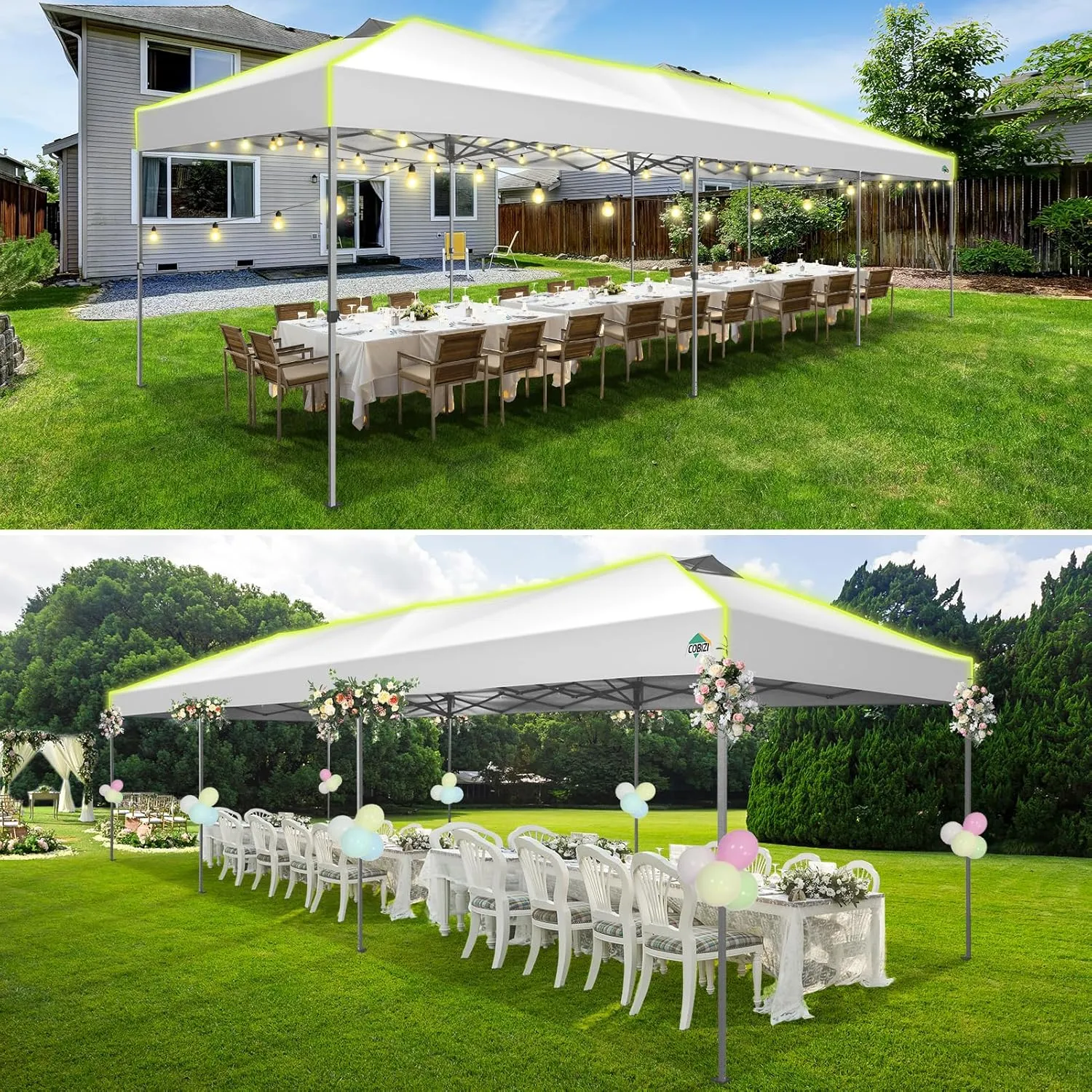 COBIZI 10x30 Pop Up Canopy Tent, Wedding Party Tent Without Sidewall One Push Setup Glow, 3 Adjustable Height Air Vent Waterproof UPF50 , Wheeled Bag, Sandbag, Stake, Rope for Commercial, Outdoor