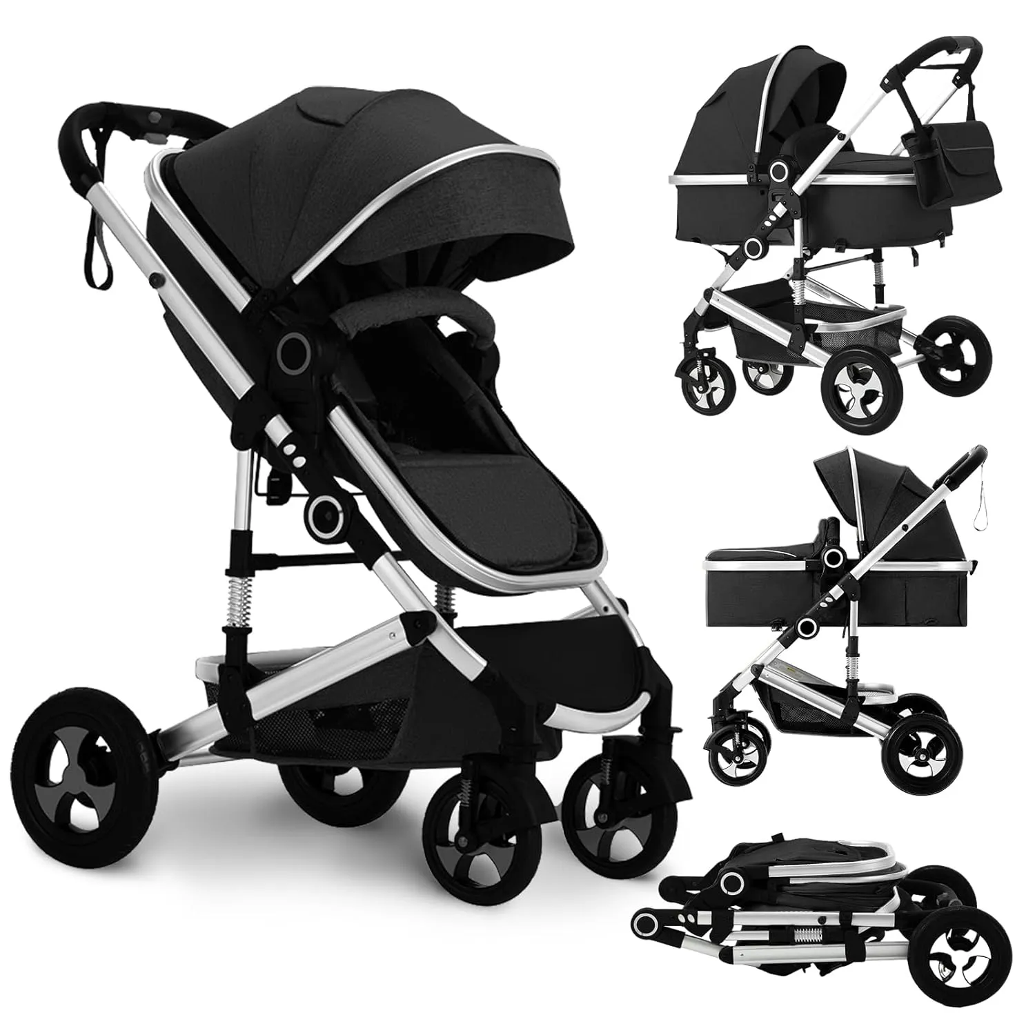 Convertible Baby Stroller, 3 in 1 Folding Infant Stroller, High Landscape Pushchair w/Adjustable Backrest & Canopy, Newborn Bassinet Pram with Foot Cover, Storage Basket, Black